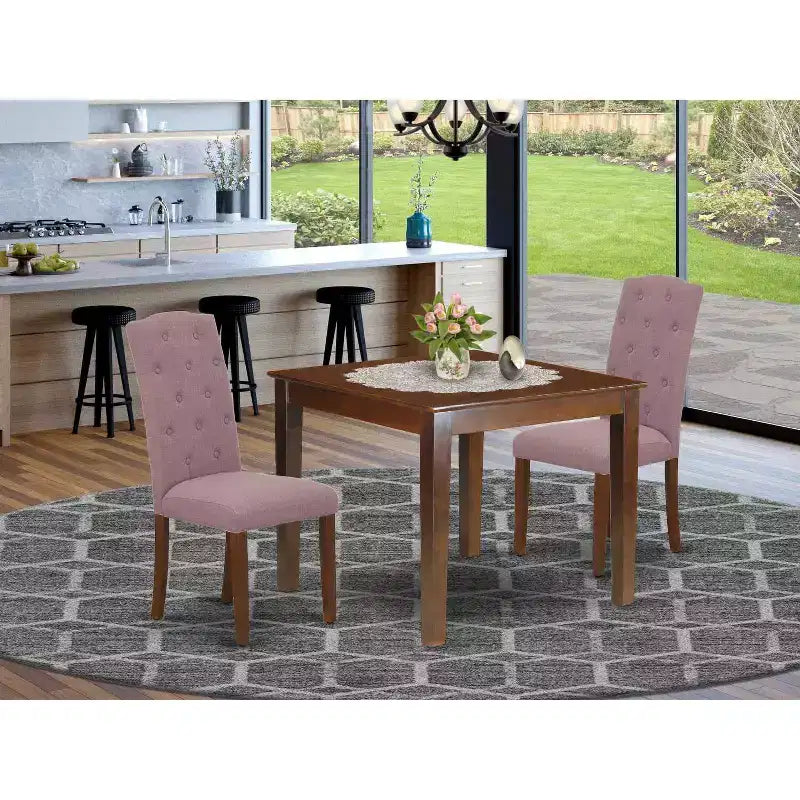 Set da pranzo 3 pezzi - Tavolo quadrato da cucina e 2 sedie Parsons - Finitura mogano