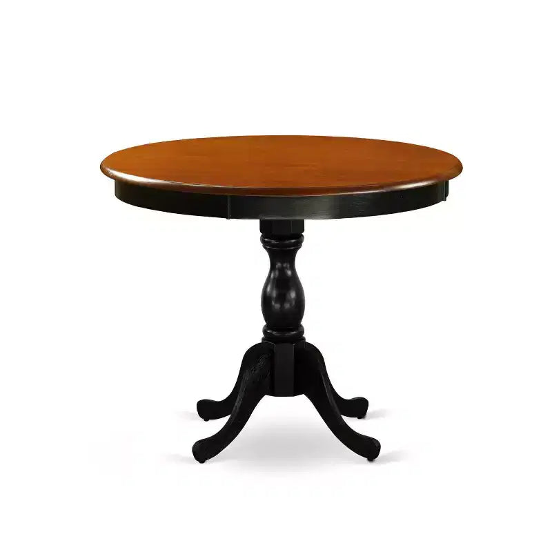 Tavolo da pranzo rotondo a 5 pezzi con piano in legno massello nero e ciliegio e 4 sedie imbottite