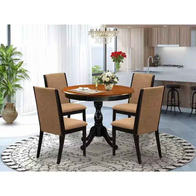 Tavolo da pranzo rotondo a 5 pezzi con piano in legno massello nero e ciliegio e 4 sedie imbottite