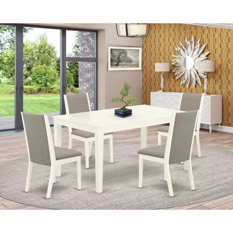 Set Sala da Pranzo Rettangolare da 5 Pezzi con Piano in Legno Massello Finitura Bianco Lino - Posti per 4