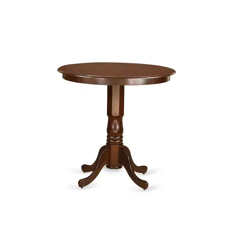 Tavolo da pranzo rotondo a 5 pezzi con piano in legno massello con finitura mogano e 4 sedie