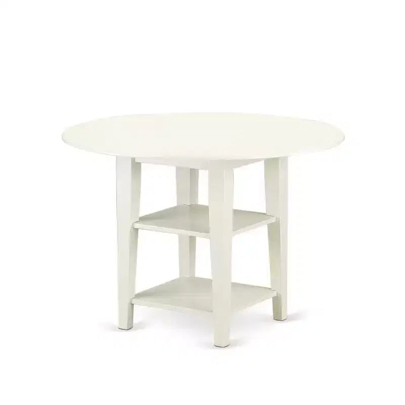 Set da pranzo 5 pezzi in legno massello con piano rotondo in lino bianco e foglie a caduta, 4 posti a sedere