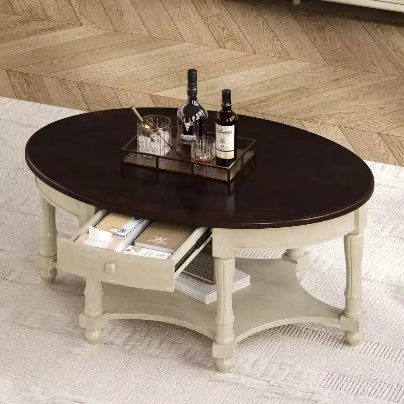 Tavolino da Caffè Ovale Vintage con Cassetto e Ripiano, Tavolino Centrale in Legno Antico per Soggiorno