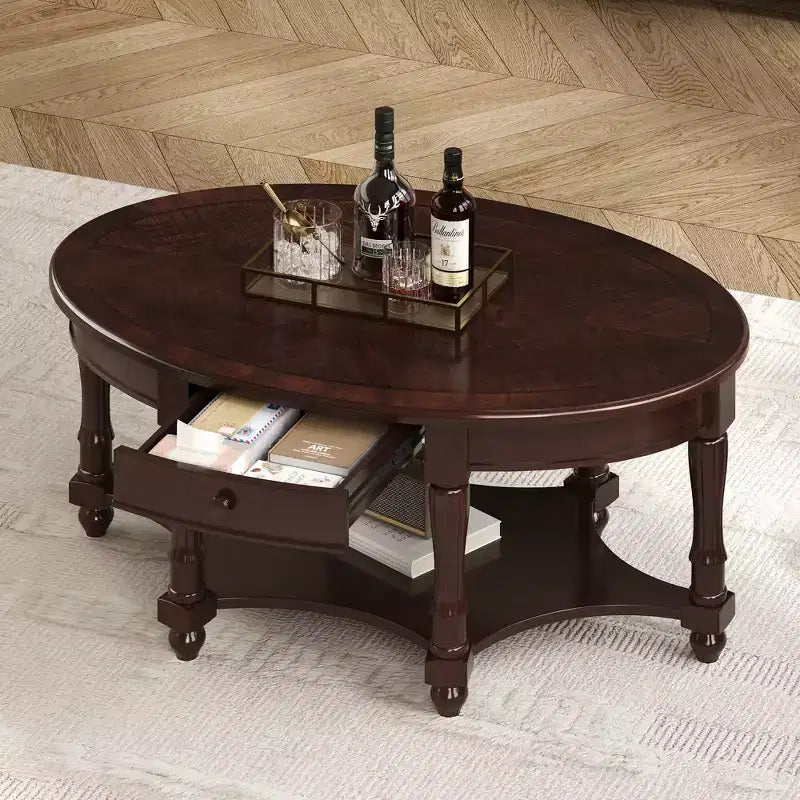 Tavolino da Caffè Ovale Vintage con Cassetto e Ripiano, Tavolino Centrale in Legno Antico per Soggiorno