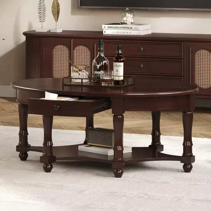 Tavolino da Caffè Ovale Vintage con Cassetto e Ripiano, Tavolino Centrale in Legno Antico per Soggiorno