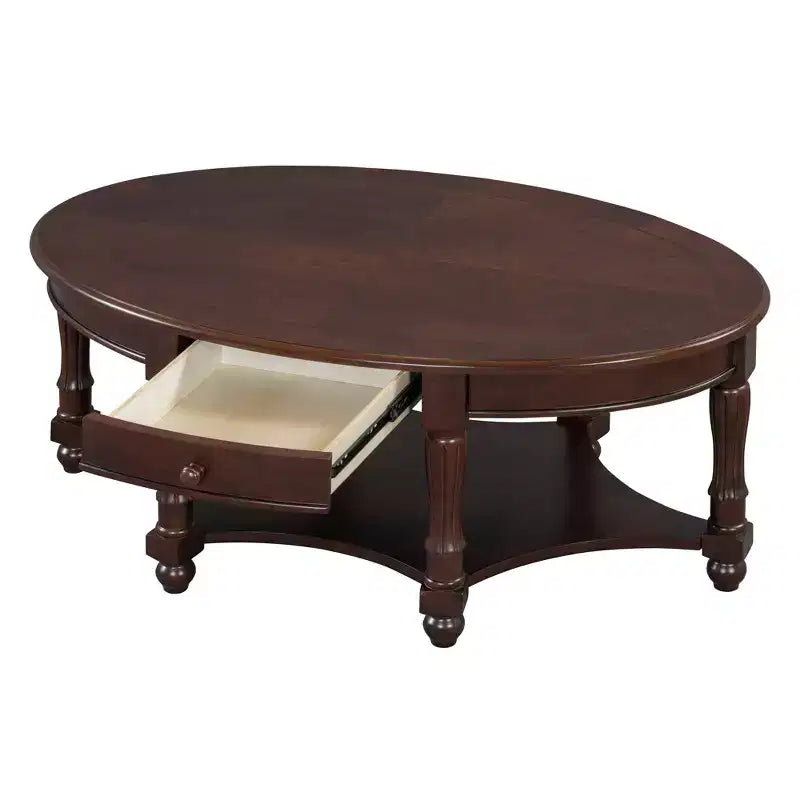 Tavolino da Caffè Ovale Vintage con Cassetto e Ripiano, Tavolino Centrale in Legno Antico per Soggiorno