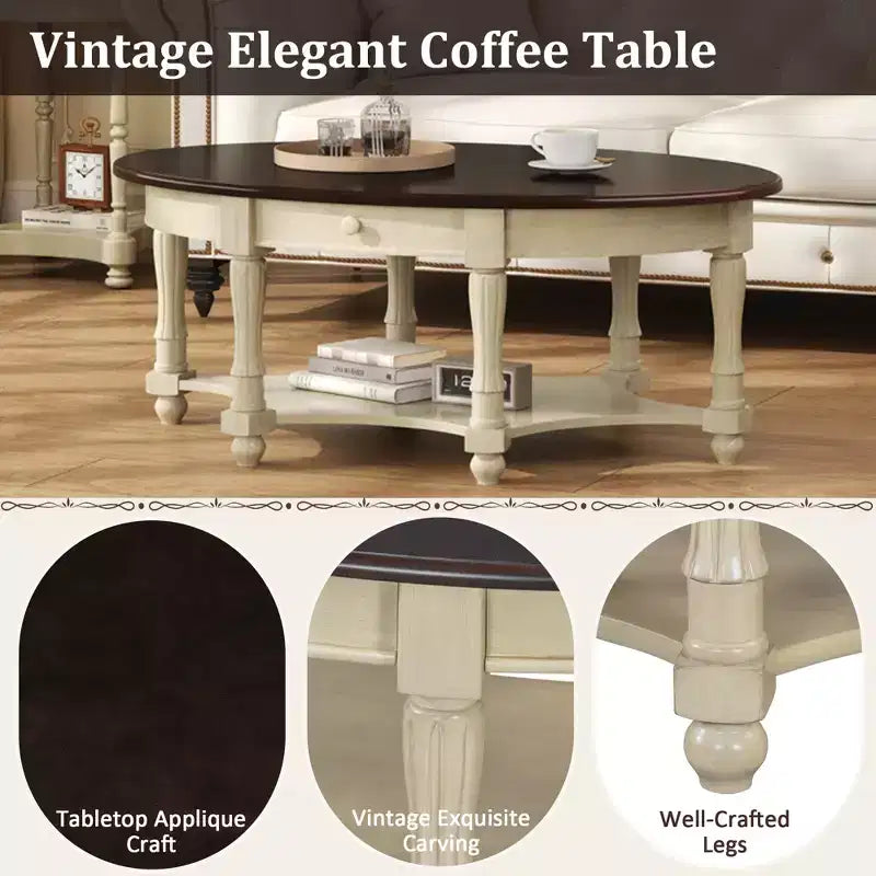 Tavolino da Caffè Ovale Vintage con Cassetto e Ripiano, Tavolino Centrale in Legno Antico per Soggiorno