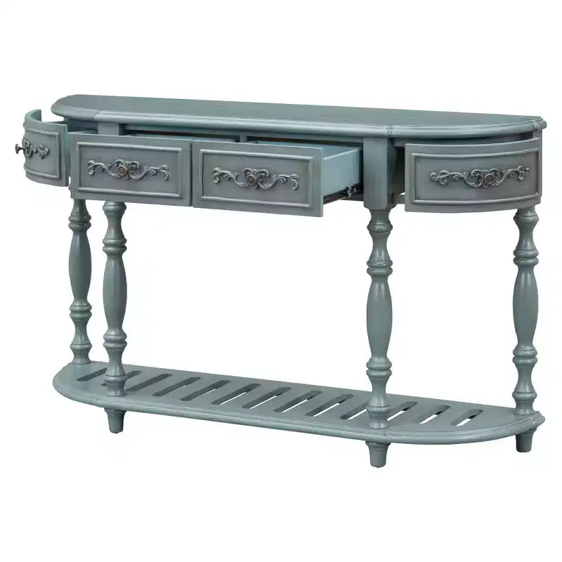 Consolle curvata retrò in legno, tavolo d'ingresso a mezzaluna con cassetti e ripiano per soggiorno, 132 cm
