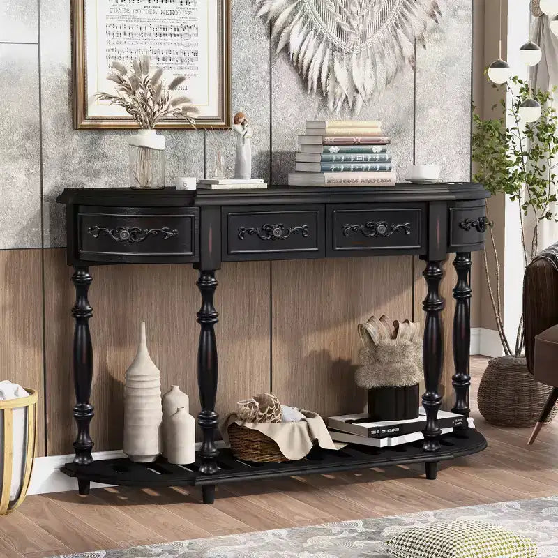 Consolle curvata retrò in legno, tavolo d'ingresso a mezzaluna con cassetti e ripiano per soggiorno, 132 cm