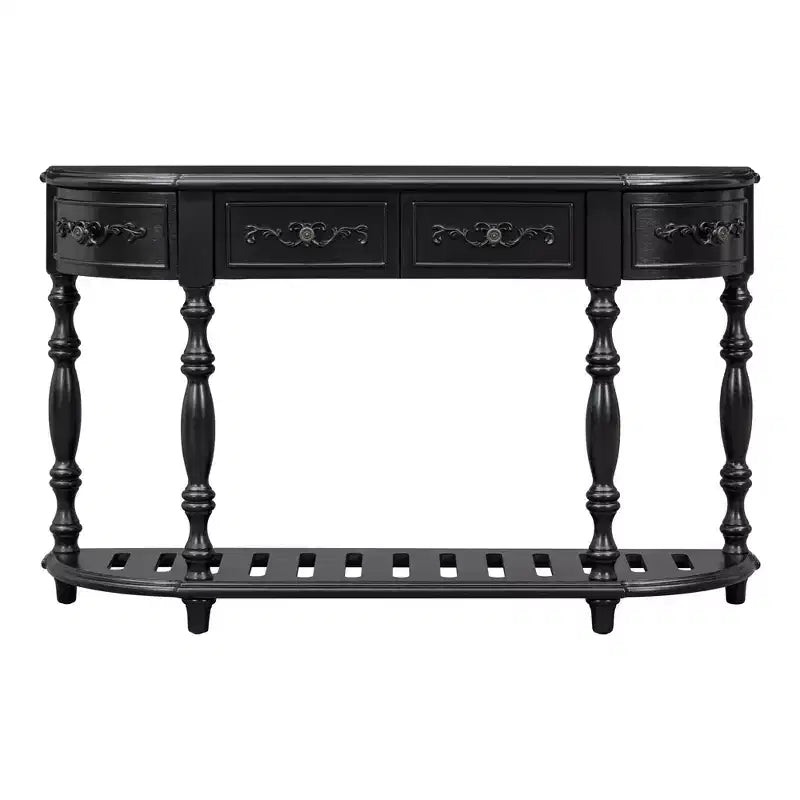 Consolle curvata retrò in legno, tavolo d'ingresso a mezzaluna con cassetti e ripiano per soggiorno, 132 cm
