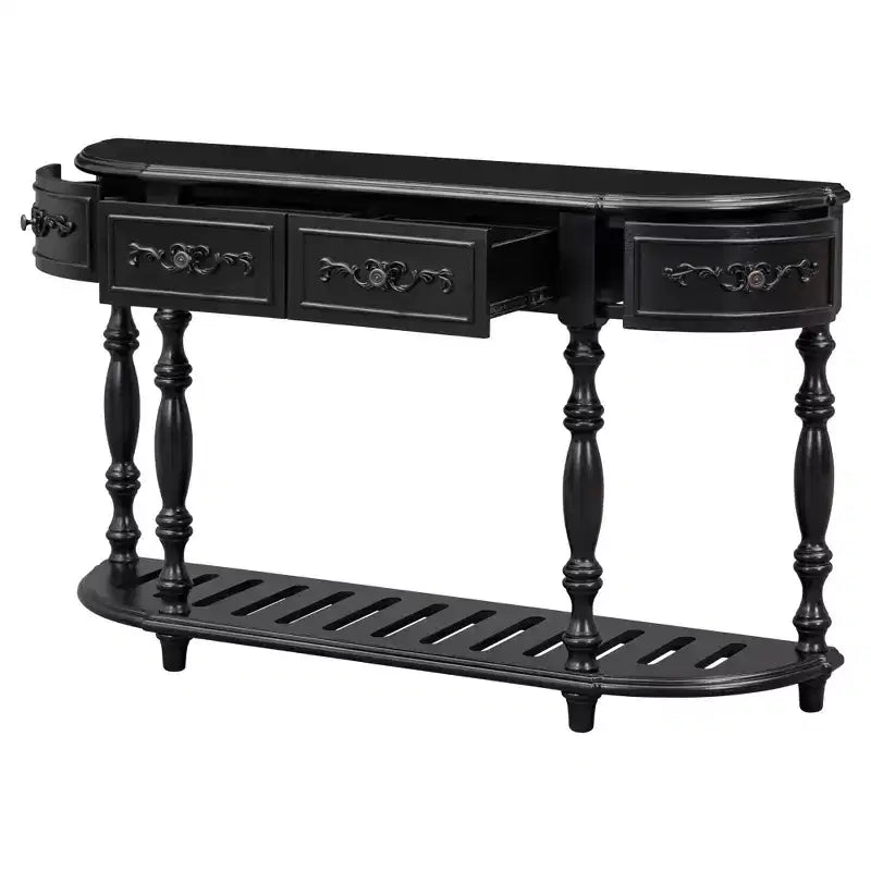 Consolle curvata retrò in legno, tavolo d'ingresso a mezzaluna con cassetti e ripiano per soggiorno, 132 cm