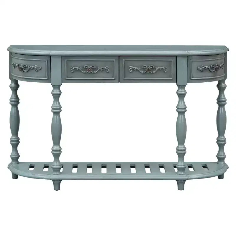 Consolle curvata retrò in legno, tavolo d'ingresso a mezzaluna con cassetti e ripiano per soggiorno, 132 cm