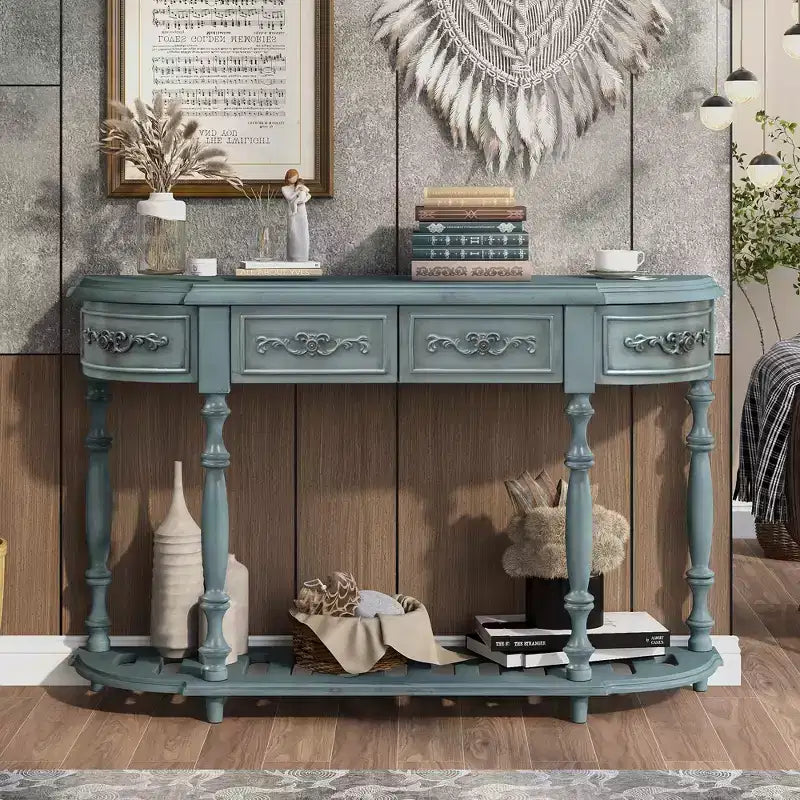 Retro Wood Curved Console Table, Half Moon Hall Entryway Table with Drawers & Shelf for Living Room, 52''