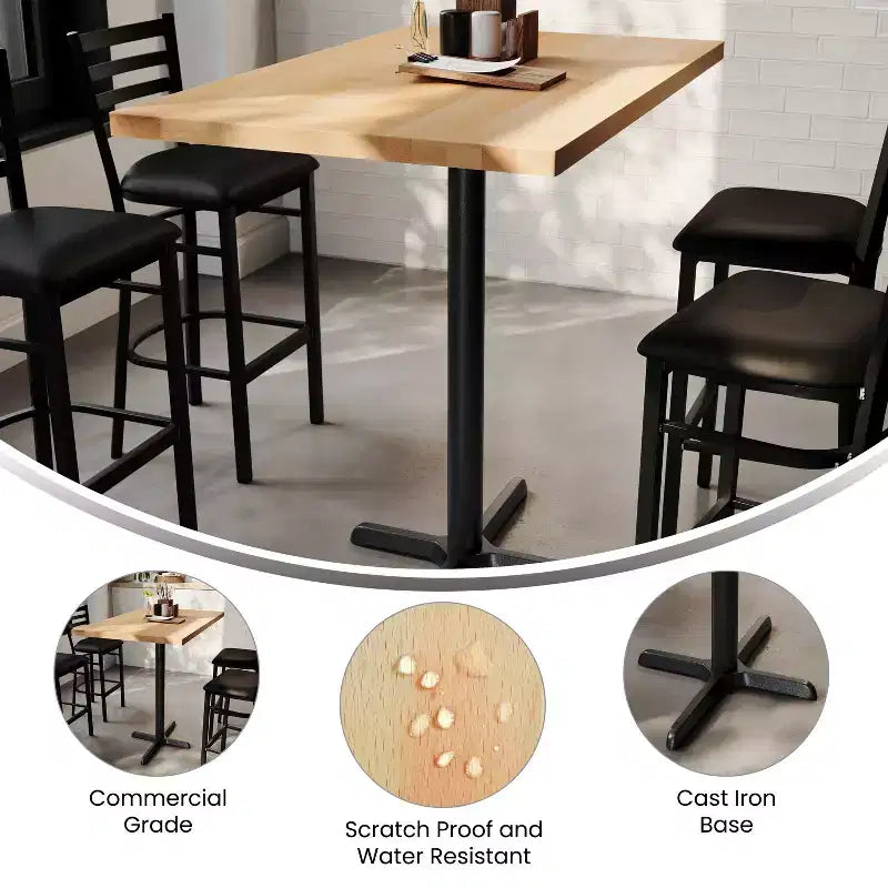 Piano del Tavolo Rettangolare per Interni Commerciali in Legno Massello Bennett di Flash Furniture con Base a X in Ghisa Antiruggine ad Altezza Bar 23.5 x 29.5