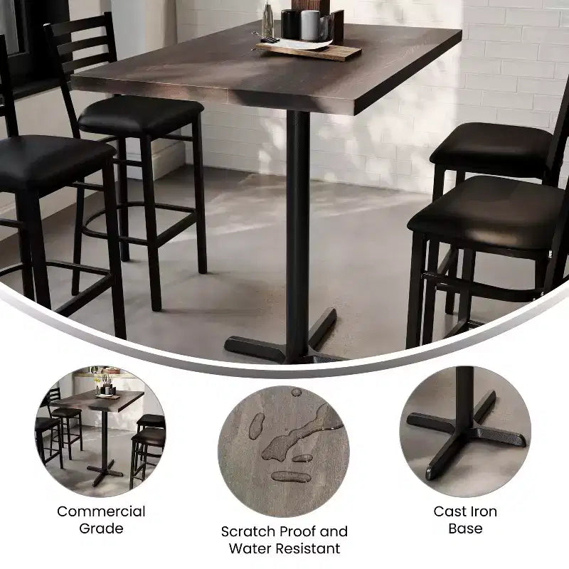 Piano del Tavolo Rettangolare per Interni Commerciali in Legno Massello Bennett di Flash Furniture con Base a X in Ghisa Antiruggine ad Altezza Bar 23.5 x 29.5