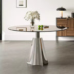 GDFStudio Afton Mid-Century Modern Round Dining Table with Tempered Glass Top and Silver Flared Base