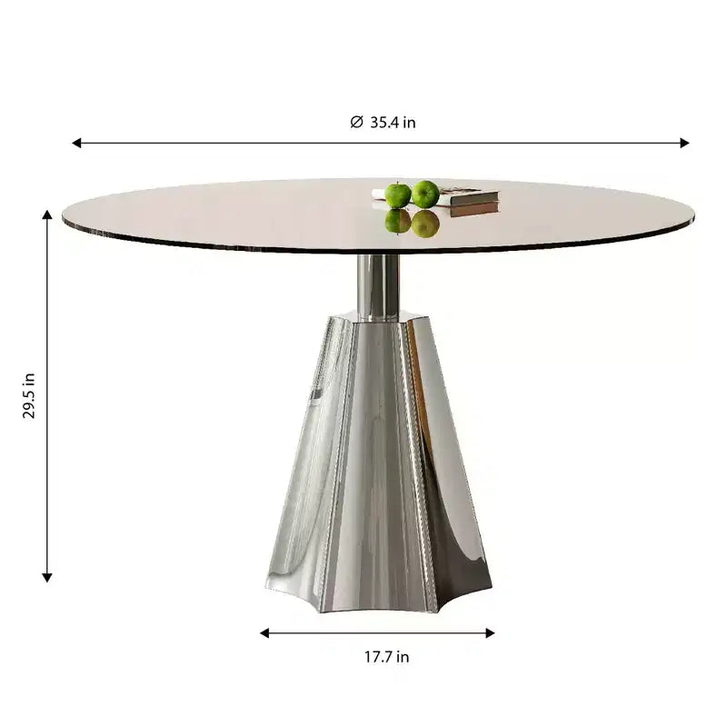Tavolo da pranzo rotondo Afton Mid-Century Modern con piano in vetro temperato e base svasata color argento