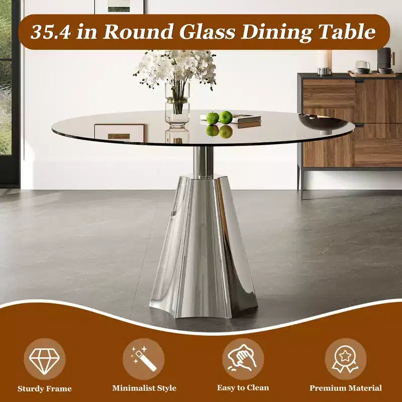 Tavolo da pranzo rotondo Afton Mid-Century Modern con piano in vetro temperato e base svasata color argento