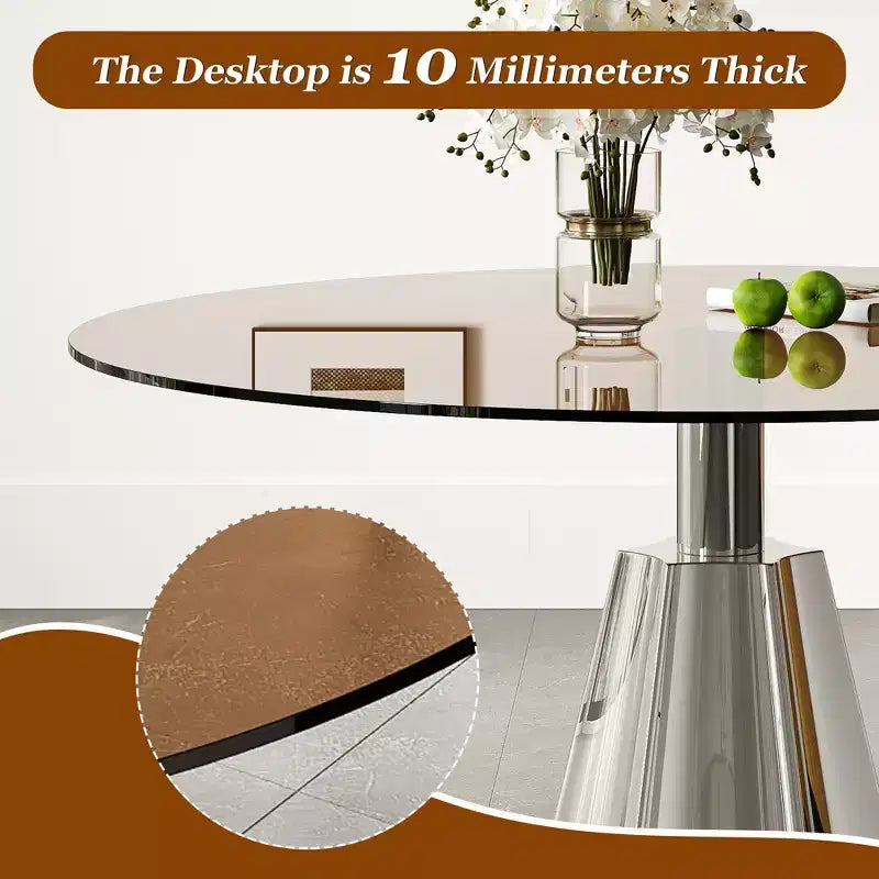 Tavolo da pranzo rotondo Afton Mid-Century Modern con piano in vetro temperato e base svasata color argento