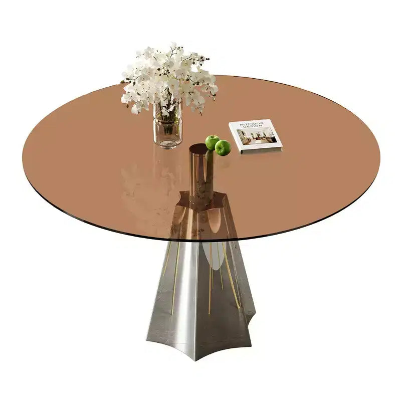 Tavolo da pranzo rotondo Afton Mid-Century Modern con piano in vetro temperato e base svasata color argento