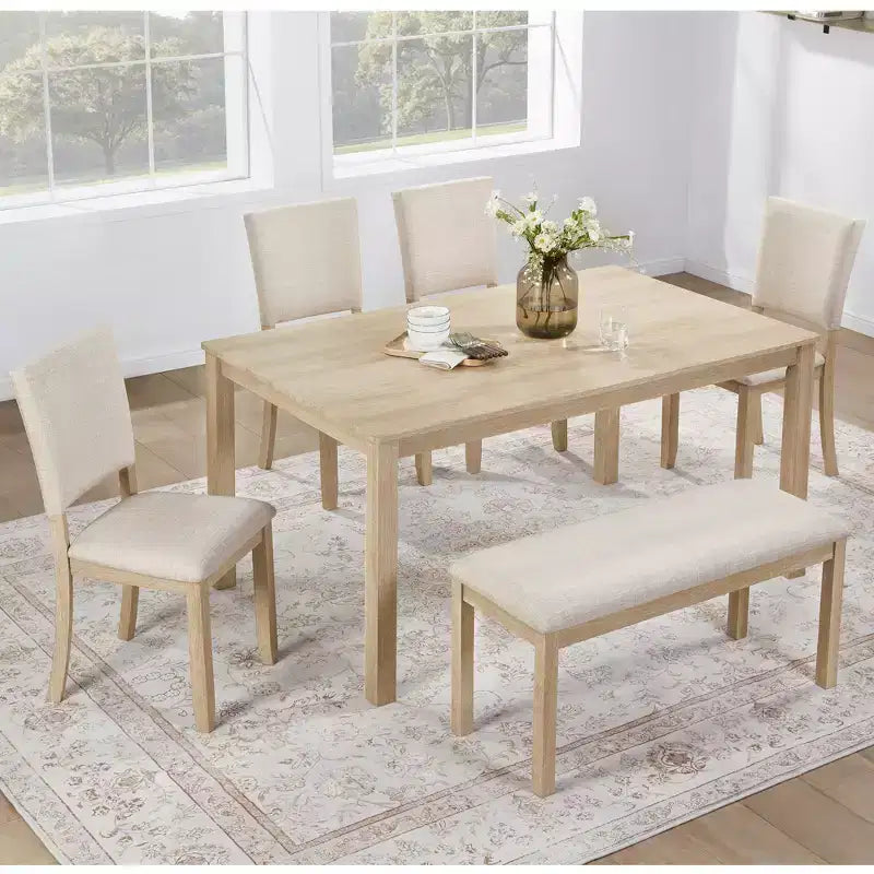 GDFStudio Fen Modern 6-Piece Dining Set with Wooden Rectangular Table, 1 Bench, and 4 Linen Upholstered Chairs
