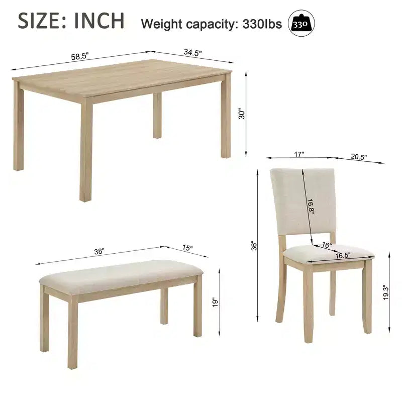 Set da pranzo moderno Fen da 6 pezzi con tavolo rettangolare in legno, 1 panca e 4 sedie rivestite in lino