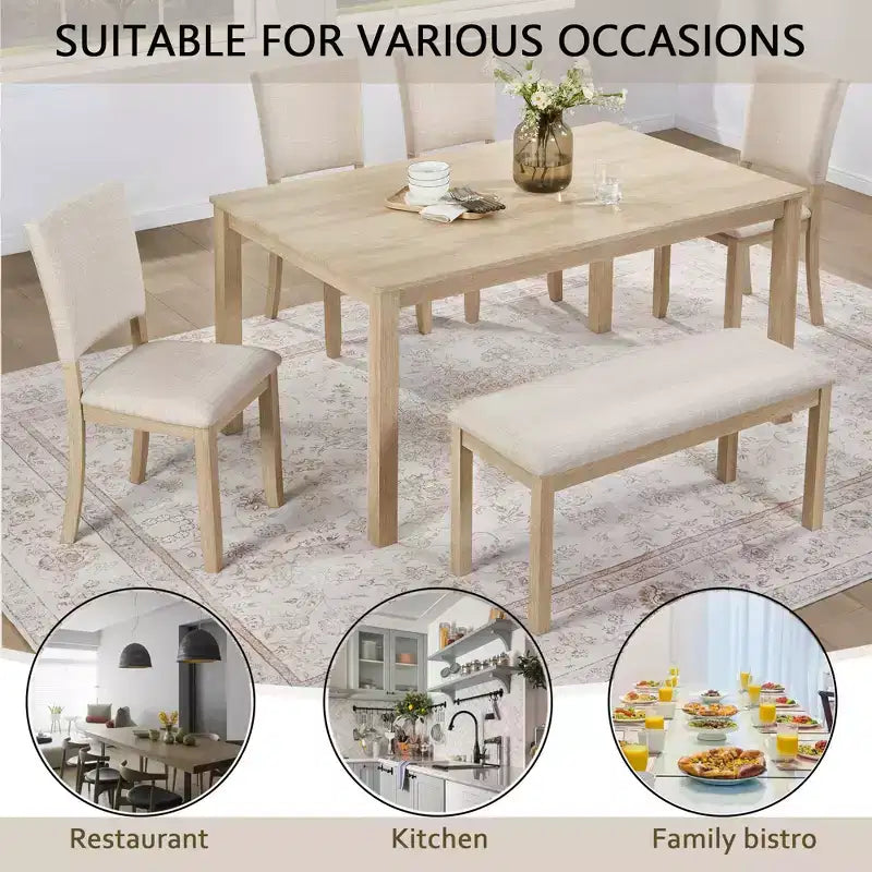 Set da pranzo moderno Fen da 6 pezzi con tavolo rettangolare in legno, 1 panca e 4 sedie rivestite in lino