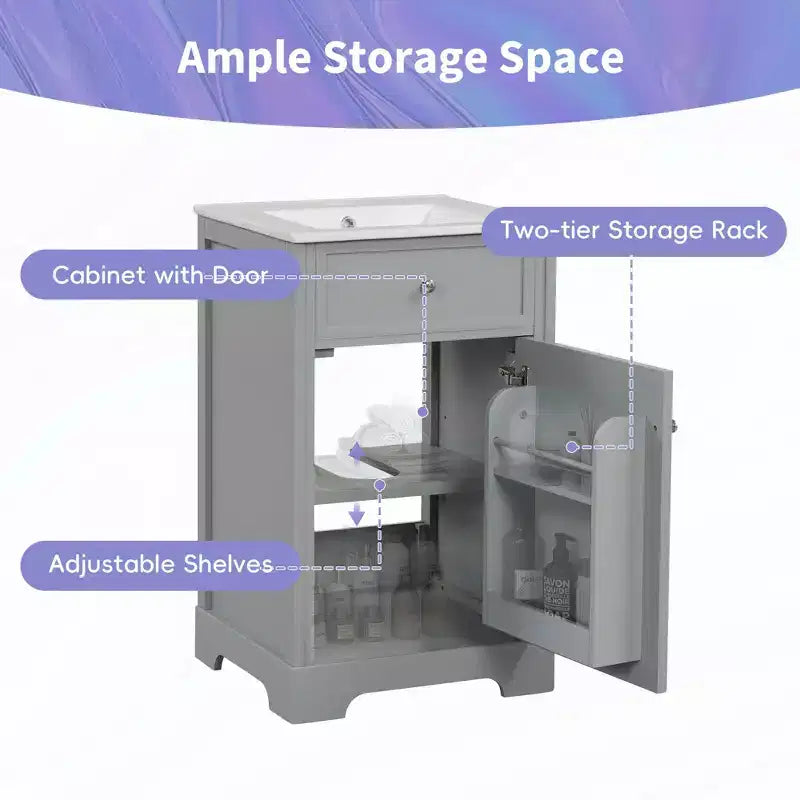 Mobile Bagno da 20" con Lavabo, Anta Ammortizzata, Ripiani Regolabili, Nero