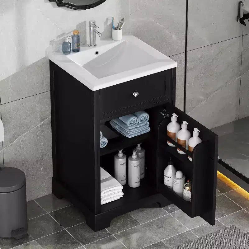 Mobile Bagno da 20" con Lavabo, Anta Ammortizzata, Ripiani Regolabili, Nero