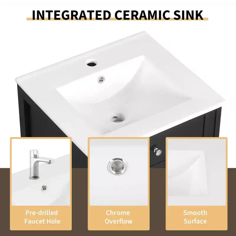 Mobile Bagno da 20" con Lavabo, Anta Ammortizzata, Ripiani Regolabili, Nero