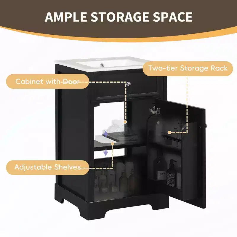 Mobile Bagno da 20" con Lavabo, Anta Ammortizzata, Ripiani Regolabili, Nero