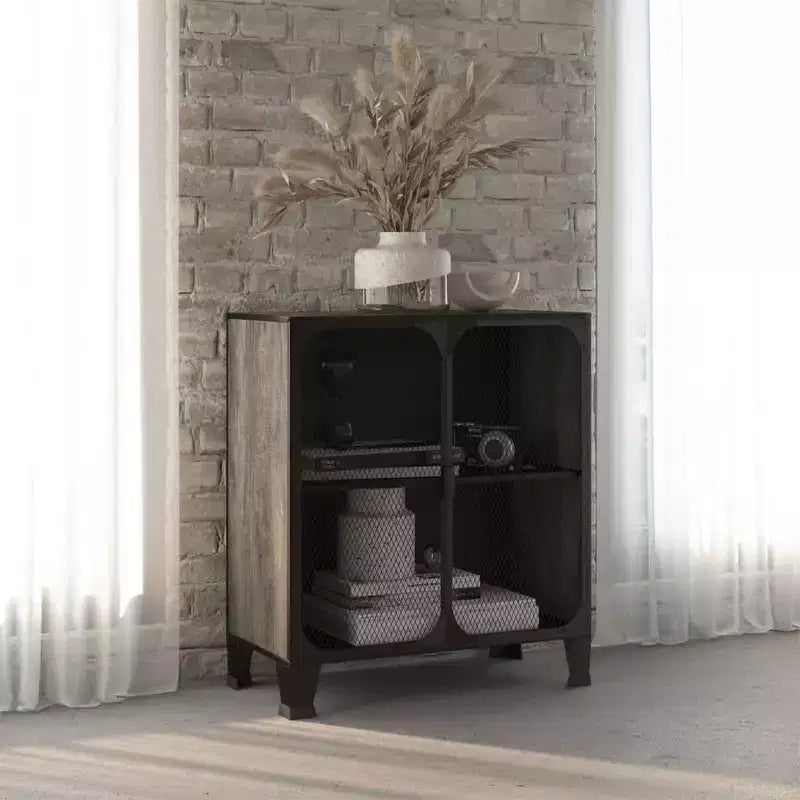 Mobile credenza schedario con ante per soggiorno in metallo e legno ingegnerizzato