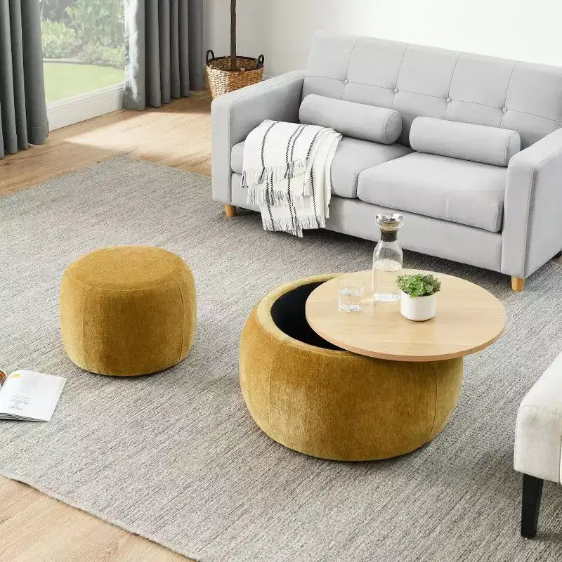 TUYOHW Poggiapiedi rotondo con contenitore, tavolino e poggiapiedi 2 in 1 con coperchio rimovibile, diametro 63,5 cm, nessun montaggio richiesto, pouf per soggiorno, ingresso
