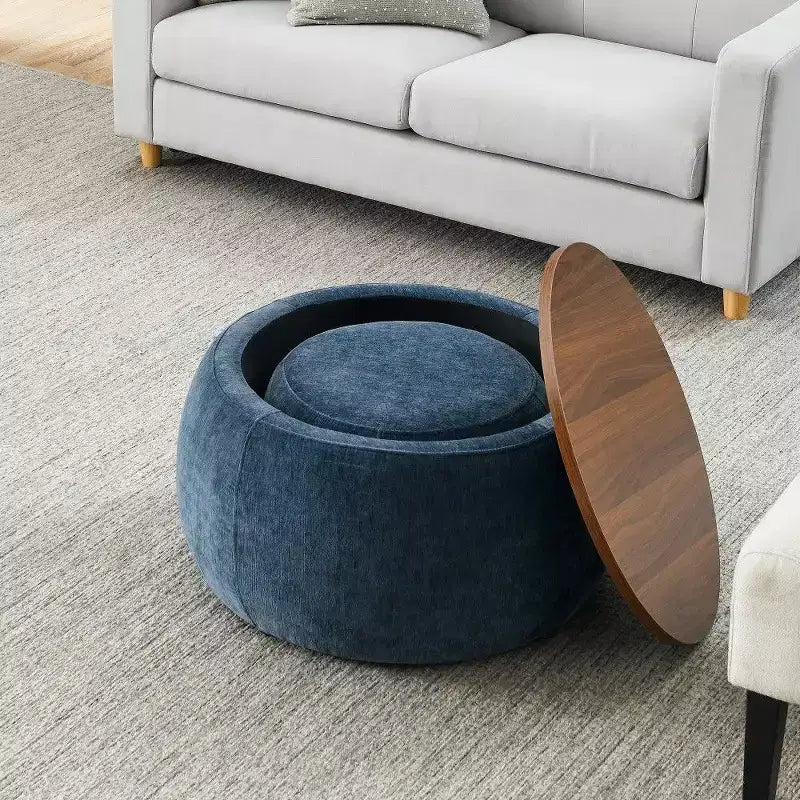 TUYOHW Poggiapiedi rotondo con contenitore, tavolino e poggiapiedi 2 in 1 con coperchio rimovibile, diametro 63,5 cm, nessun montaggio richiesto, pouf per soggiorno, ingresso