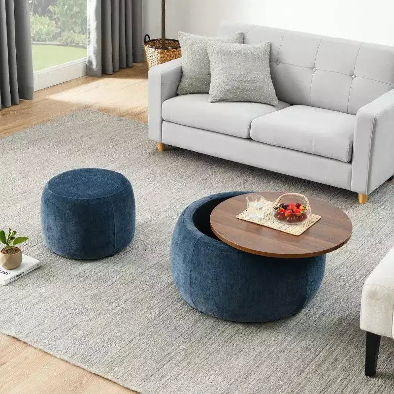 TUYOHW Poggiapiedi rotondo con contenitore, tavolino e poggiapiedi 2 in 1 con coperchio rimovibile, diametro 63,5 cm, nessun montaggio richiesto, pouf per soggiorno, ingresso