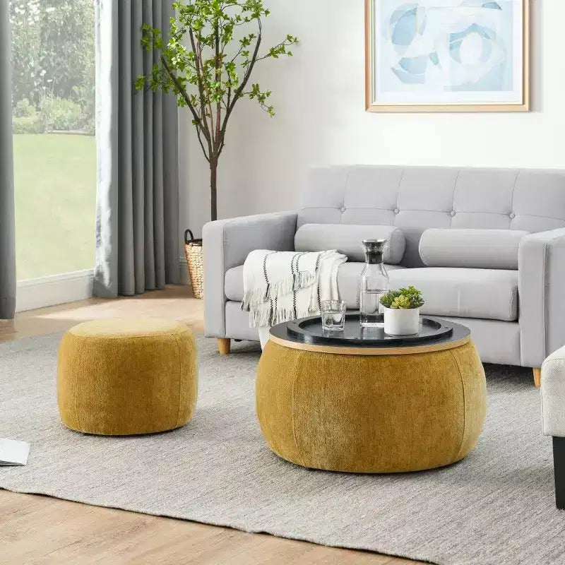TUYOHW Poggiapiedi rotondo con contenitore, tavolino e poggiapiedi 2 in 1 con coperchio rimovibile, diametro 63,5 cm, nessun montaggio richiesto, pouf per soggiorno, ingresso