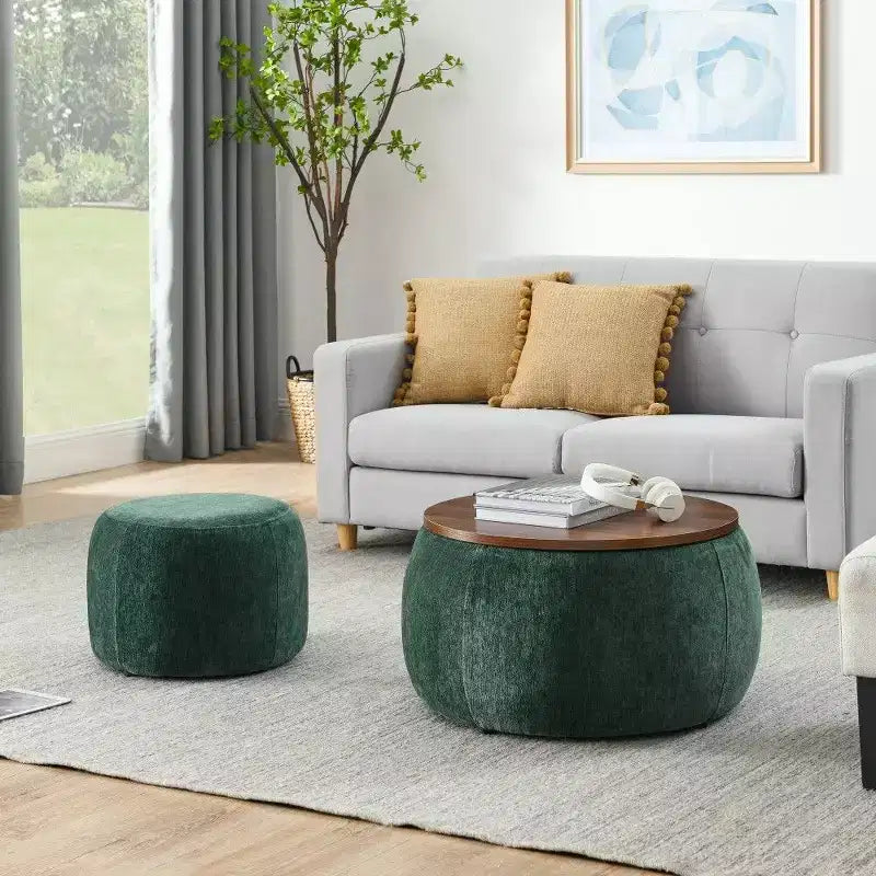 TUYOHW Poggiapiedi rotondo con contenitore, tavolino e poggiapiedi 2 in 1 con coperchio rimovibile, diametro 63,5 cm, nessun montaggio richiesto, pouf per soggiorno, ingresso