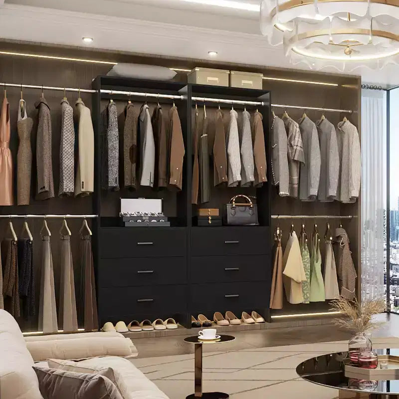Besiost 142 - Sistema organizer per armadio con aste appendiabiti estensibili, guardaroba con 6 cassetti in legno
