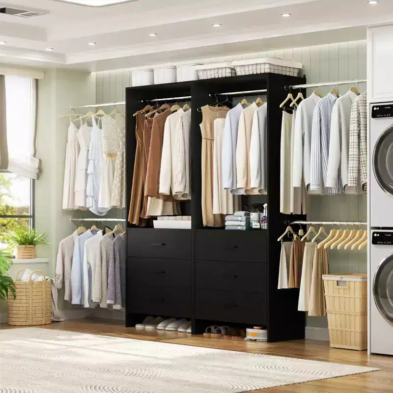 Besiost 142 - Sistema organizer per armadio con aste appendiabiti estensibili, guardaroba con 6 cassetti in legno