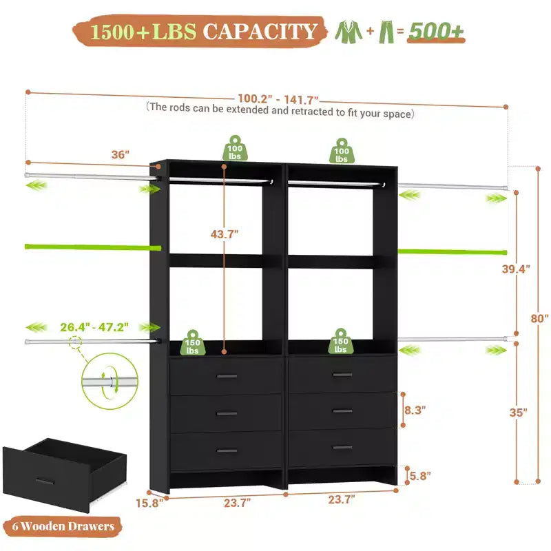 Besiost 142 - Sistema organizer per armadio con aste appendiabiti estensibili, guardaroba con 6 cassetti in legno