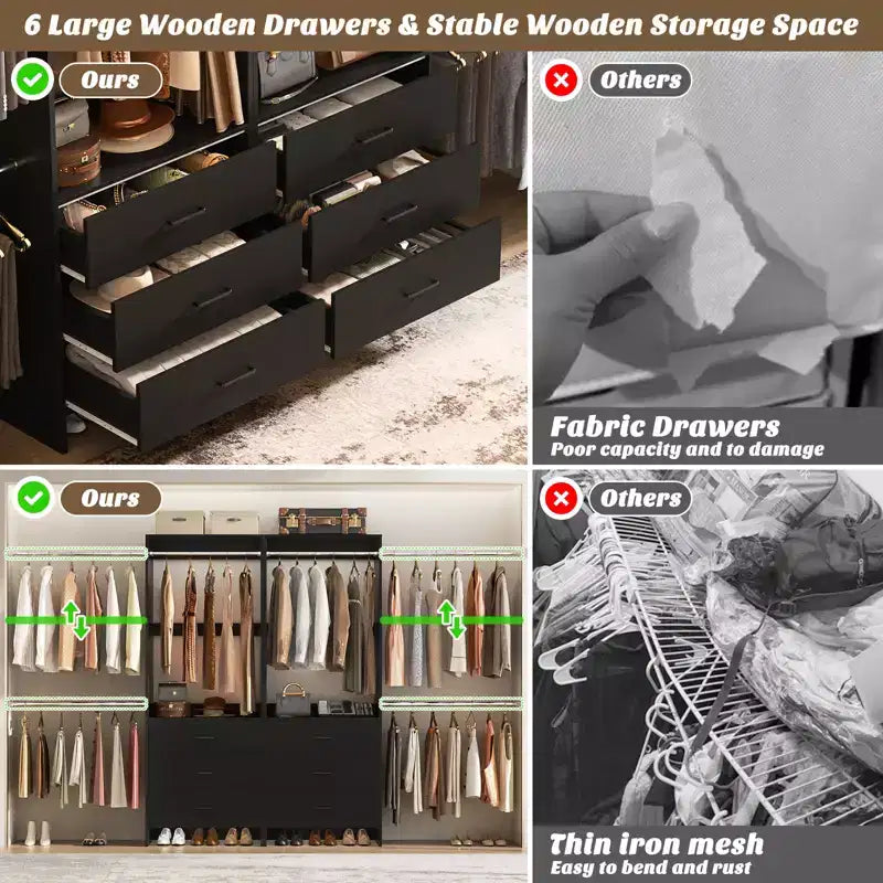 Besiost 142 - Sistema organizer per armadio con aste appendiabiti estensibili, guardaroba con 6 cassetti in legno