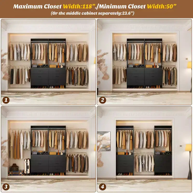 Besiost 142 - Sistema organizer per armadio con aste appendiabiti estensibili, guardaroba con 6 cassetti in legno