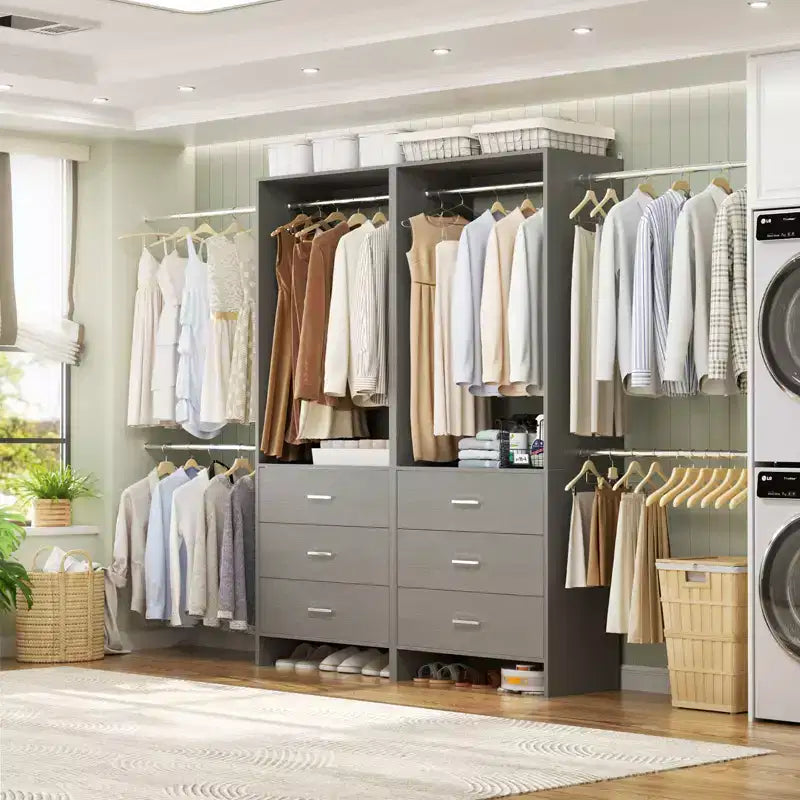 Besiost 142 - Sistema organizer per armadio con aste appendiabiti estensibili, guardaroba con 6 cassetti in legno