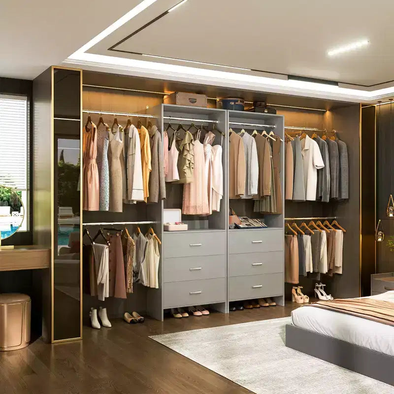 Besiost 142 - Sistema organizer per armadio con aste appendiabiti estensibili, guardaroba con 6 cassetti in legno