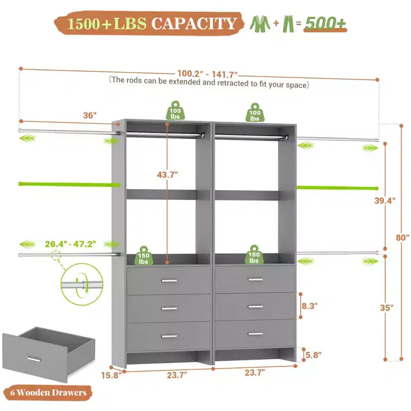 Besiost 142 - Sistema organizer per armadio con aste appendiabiti estensibili, guardaroba con 6 cassetti in legno
