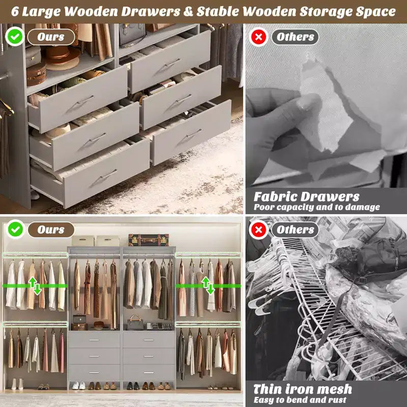Besiost 142 - Sistema organizer per armadio con aste appendiabiti estensibili, guardaroba con 6 cassetti in legno