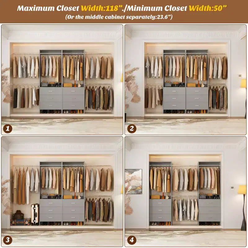 Besiost 142 - Sistema organizer per armadio con aste appendiabiti estensibili, guardaroba con 6 cassetti in legno