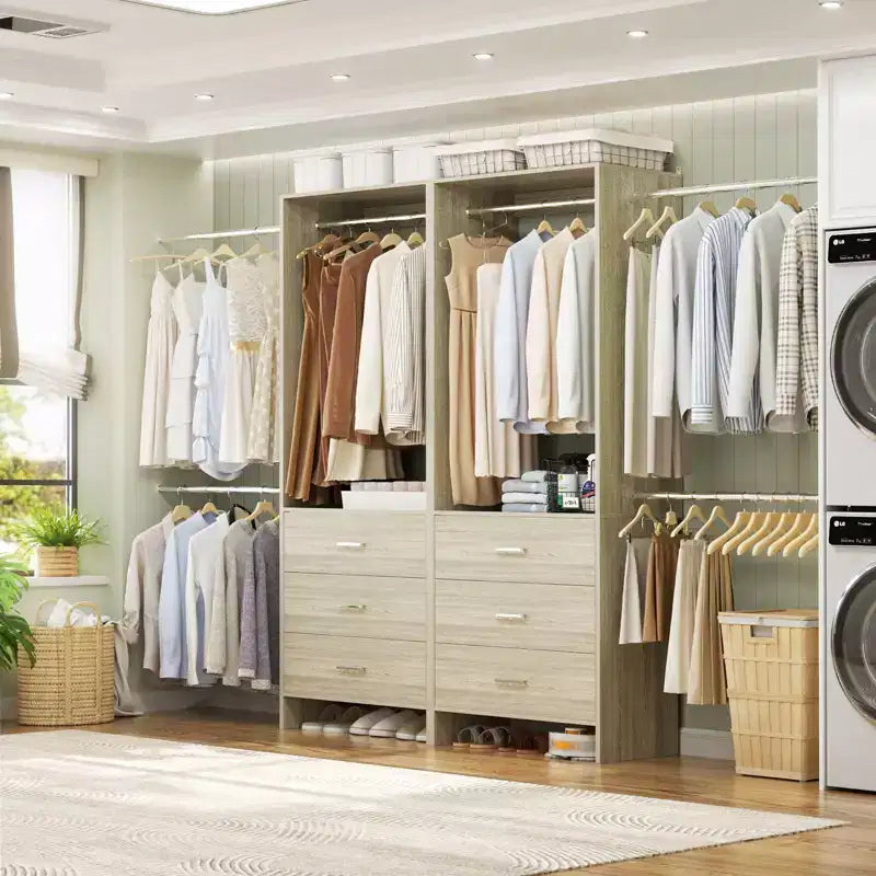 Besiost 142 - Sistema organizer per armadio con aste appendiabiti estensibili, guardaroba con 6 cassetti in legno