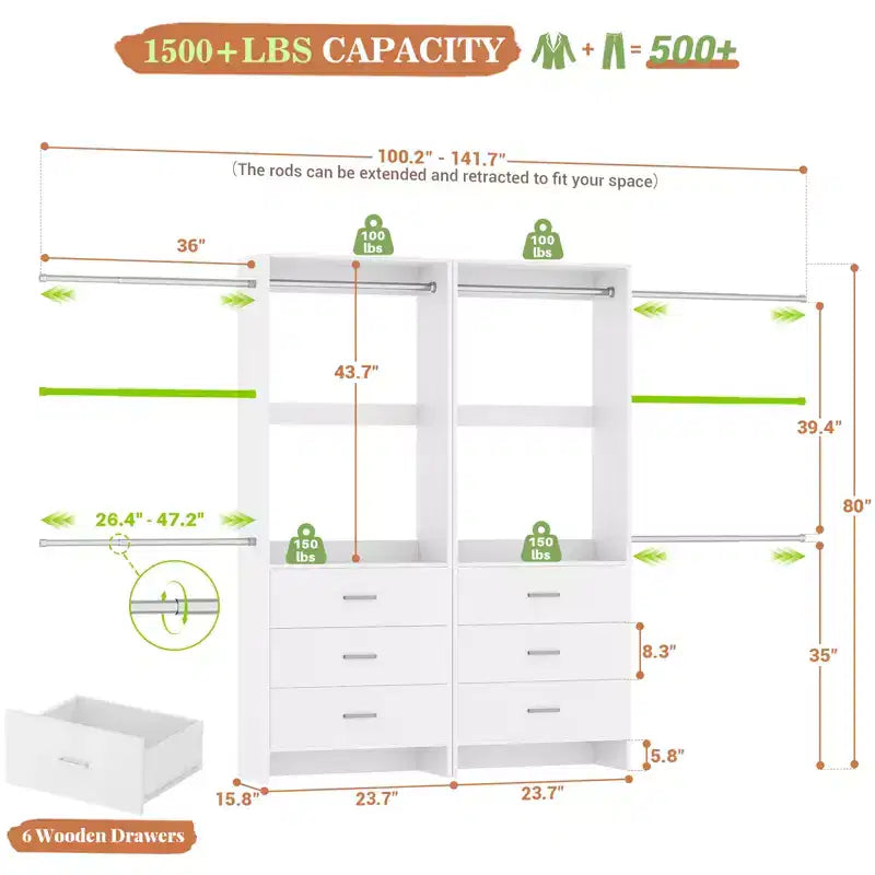Besiost 142 - Sistema organizer per armadio con aste appendiabiti estensibili, guardaroba con 6 cassetti in legno