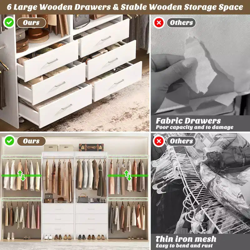 Besiost 142 - Sistema organizer per armadio con aste appendiabiti estensibili, guardaroba con 6 cassetti in legno